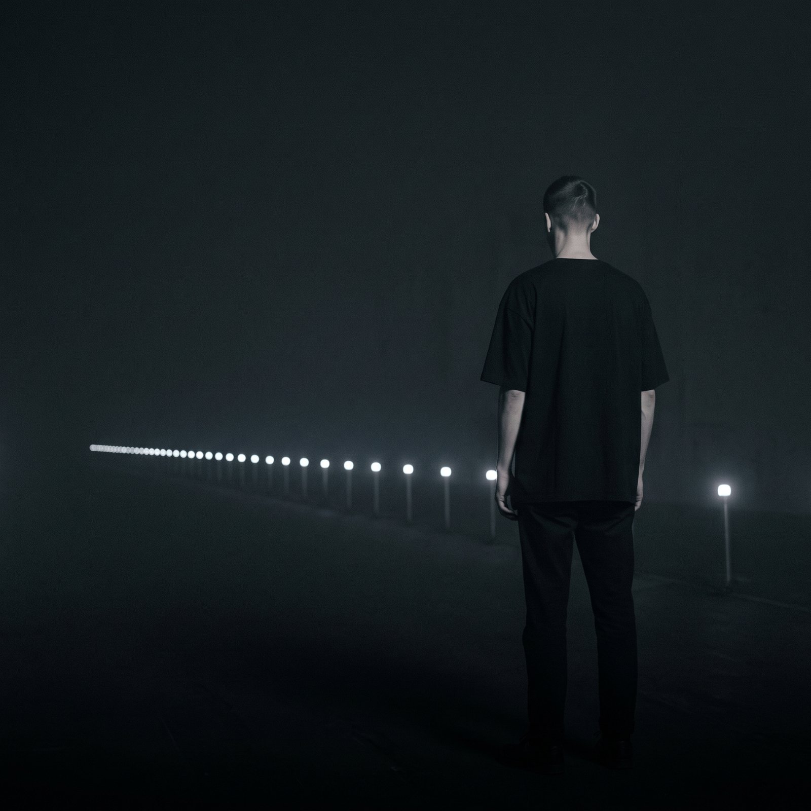 A man in black stands in a dark, misty space beside a single straight row of small lights running into the distance.